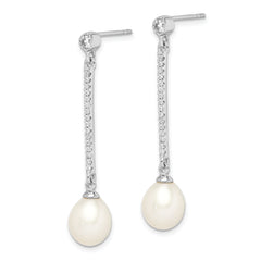 Sterling Silver Rhodium-plated 8-9mm White Rice Freshwater Cultured Pearl and CZ Post Dangle Earrings