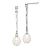 Sterling Silver Rhodium-plated 8-9mm White Rice Freshwater Cultured Pearl and CZ Post Dangle Earrings