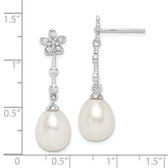 Sterling Silver Rhodium-plated 8-9mm White Rice Freshwater Cultured Pearl and CZ Flower Post Dangle Earrings