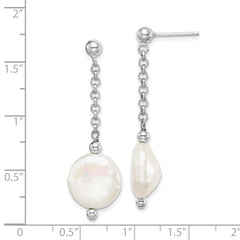 Sterling Silver Rhodium-plated 12-13mm White Coin Freshwater Cultured Pearl Post Dangle Earrings