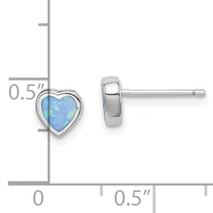 Sterling Silver Rhodium-plated 6mm Blue Created Opal Heart Post Earrings