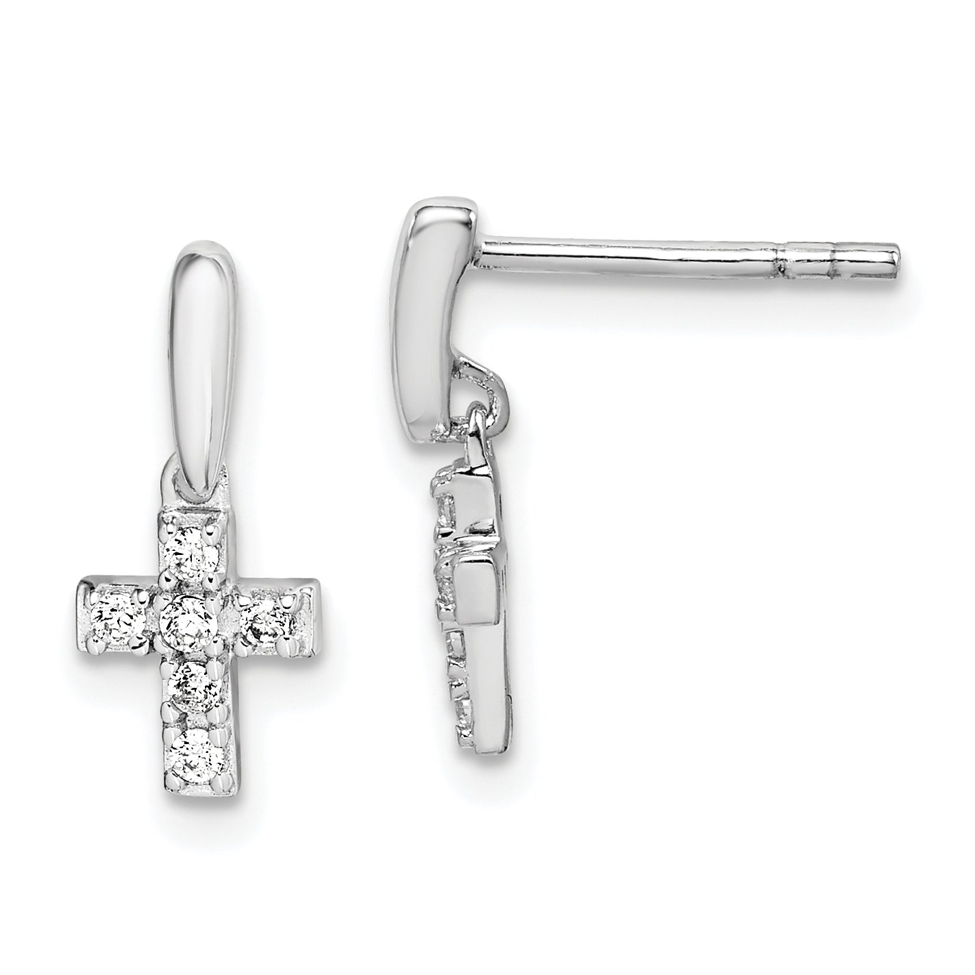 Sterling Silver Rhodium-plated Polished CZ Cross Post Dangle Earrings