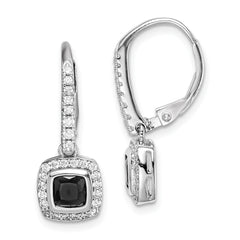 Sterling Silver Rhodium-plated Black & White CZ Halo Leverback Earrings