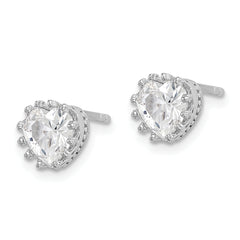 Sterling Silver RH-plated Polished & Textured 6mm Heart CZ Stud Earrings