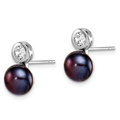 Sterling Silver Rhodium-plated 7-8mm Black Button Freshwater Cultured Pearl and CZ Post Earrings