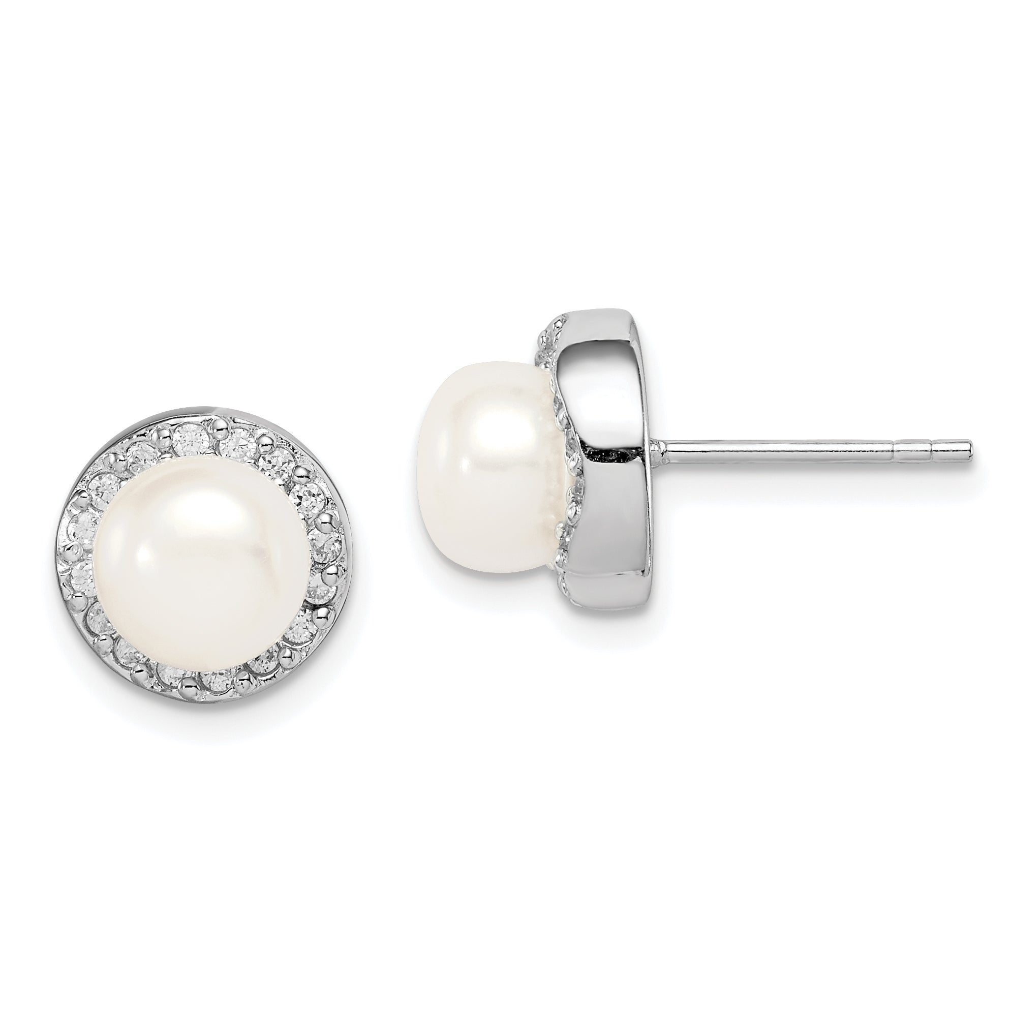Sterling Silver Rhodium-plated 7-8mm White Button Freshwater Cultured Pearl and CZ Post Earrings