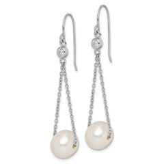Sterling Silver Rhodium-plated 9-10mm White Semi-Round Freshwater Cultured Pearl and CZ Dangle Earrings