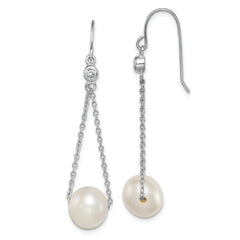 Sterling Silver Rhodium-plated 9-10mm White Semi-Round Freshwater Cultured Pearl and CZ Dangle Earrings
