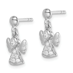 Sterling Silver RH-plated Polished/Satin CZ Angel Post Dangle Earrings