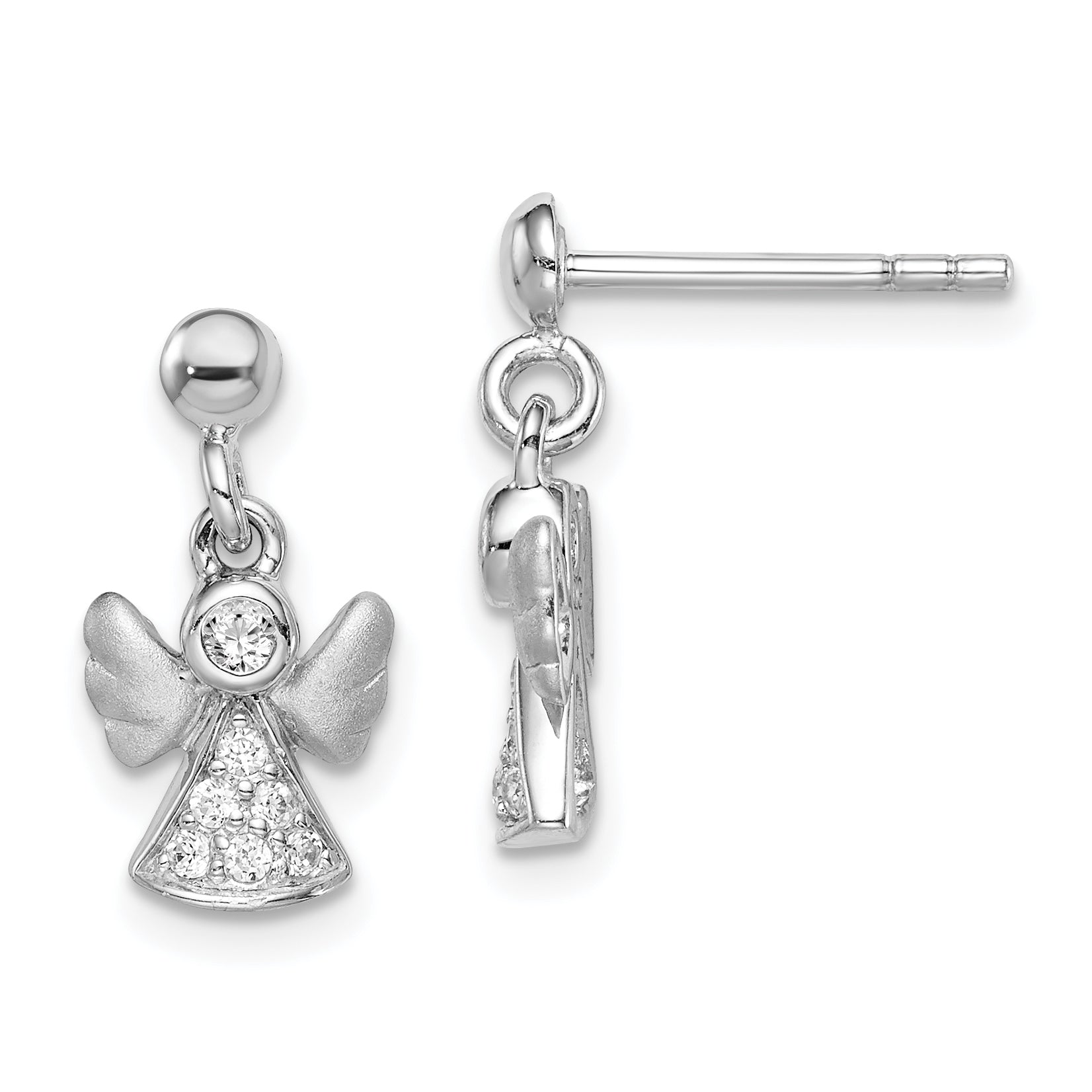 Sterling Silver RH-plated Polished/Satin CZ Angel Post Dangle Earrings