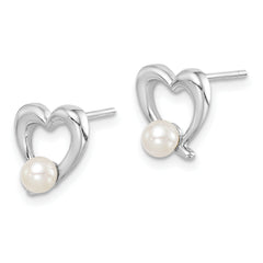 Sterling Silver Rhodium-plated 3-4mm White Round Freshwater Cultured Pearl Heart Post Earrings