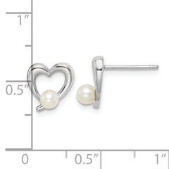 Sterling Silver Rhodium-plated 3-4mm White Round Freshwater Cultured Pearl Heart Post Earrings