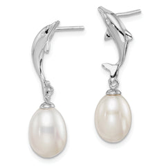 Sterling Silver Rhodium-plated 7-8mm White Rice Freshwater Cultured Pearl Dolphin Post Dangle Earrings