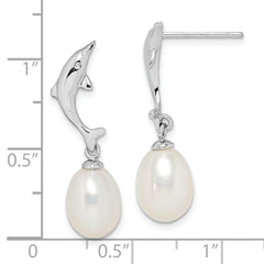 Sterling Silver Rhodium-plated 7-8mm White Rice Freshwater Cultured Pearl Dolphin Post Dangle Earrings
