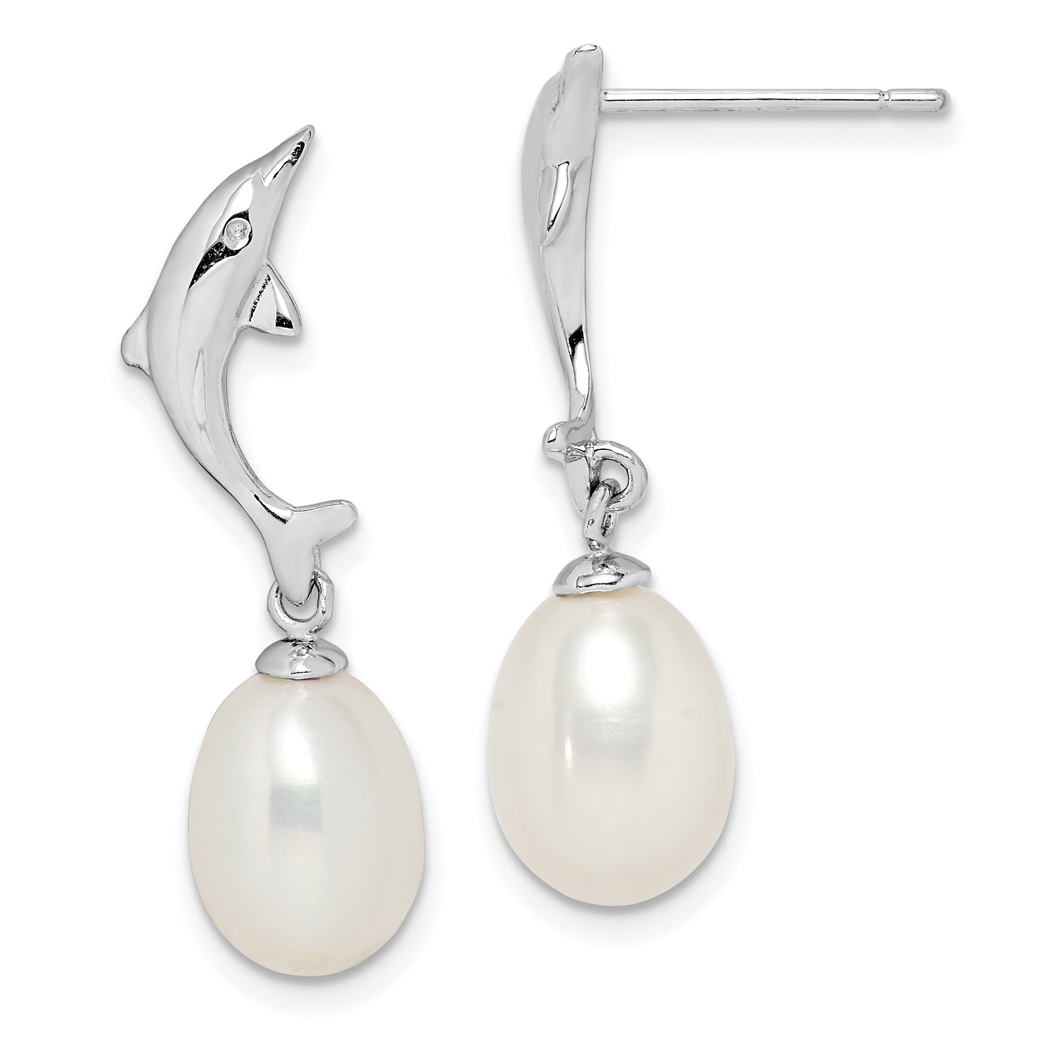 Sterling Silver Rhodium-plated 7-8mm White Rice Freshwater Cultured Pearl Dolphin Post Dangle Earrings