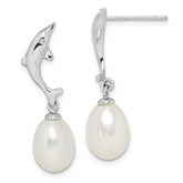 Sterling Silver Rhodium-plated 7-8mm White Rice Freshwater Cultured Pearl Dolphin Post Dangle Earrings