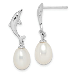 Sterling Silver Rhodium-plated 7-8mm White Rice Freshwater Cultured Pearl Dolphin Post Dangle Earrings
