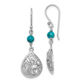Sterling Silver Rhodium-plated Polished Filigree CZ & Reconstituted Turquoise Teardrop Dangle Earrings