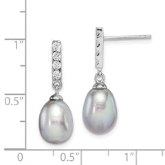 Sterling Silver Rhodium-plated 8-9mm Grey Teardrop Freshwater Cultured Pearl and CZ Post Dangle Earrings