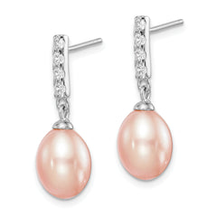Sterling Silver Rhodium-plated 8-9mm Pink Teardrop Freshwater Cultured Pearl and CZ Post Dangle Earrings