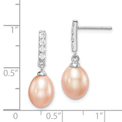 Sterling Silver Rhodium-plated 8-9mm Pink Teardrop Freshwater Cultured Pearl and CZ Post Dangle Earrings