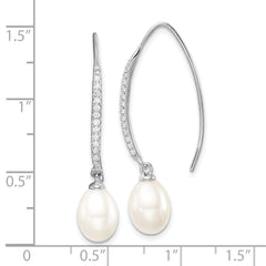 Sterling Silver Rhodium-plated 7-8mm White Teardrop Freshwater Cultured Pearl and CZ Threader Earrings