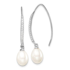 Sterling Silver Rhodium-plated 7-8mm White Teardrop Freshwater Cultured Pearl and CZ Threader Earrings