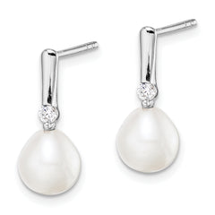 Sterling Silver Rhodium-plated 7-8mm White Rice Freshwater Cultured Pearl and CZ Post Dangle Earrings