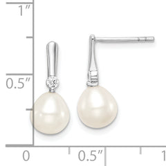 Sterling Silver Rhodium-plated 7-8mm White Rice Freshwater Cultured Pearl and CZ Post Dangle Earrings