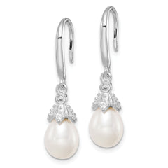 Sterling Silver Rhodium-plated 7-8mm White Teardrop Freshwater Cultured Pearl and CZ Dangle Earrings