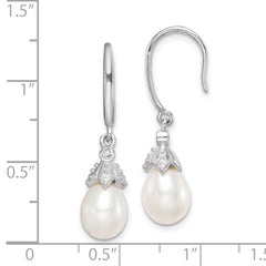 Sterling Silver Rhodium-plated 7-8mm White Teardrop Freshwater Cultured Pearl and CZ Dangle Earrings