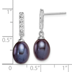 Sterling Silver Rhodium-plated 8-9mm Black Teardrop Freshwater Cultured Pearl and CZ Post Dangle Earrings