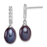 Sterling Silver Rhodium-plated 8-9mm Black Teardrop Freshwater Cultured Pearl and CZ Post Dangle Earrings