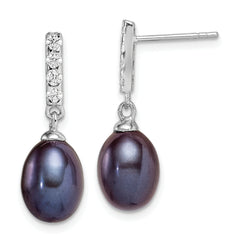 Sterling Silver Rhodium-plated 8-9mm Black Teardrop Freshwater Cultured Pearl and CZ Post Dangle Earrings