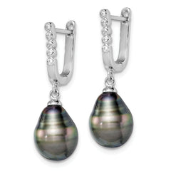 Sterling Silver Rhodium-plated 9-10mm Black Teardrop Tahitian Saltwater Cultured Pearl and CZ Dangle Earrings