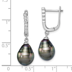 Sterling Silver Rhodium-plated 9-10mm Black Teardrop Tahitian Saltwater Cultured Pearl and CZ Dangle Earrings