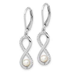 Sterling Silver Rhodium-plated 4-5mm White Freshwater Cultured Pearl and CZ Infinity Dangle Leverback Earrings