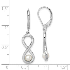 Sterling Silver Rhodium-plated 4-5mm White Freshwater Cultured Pearl and CZ Infinity Dangle Leverback Earrings