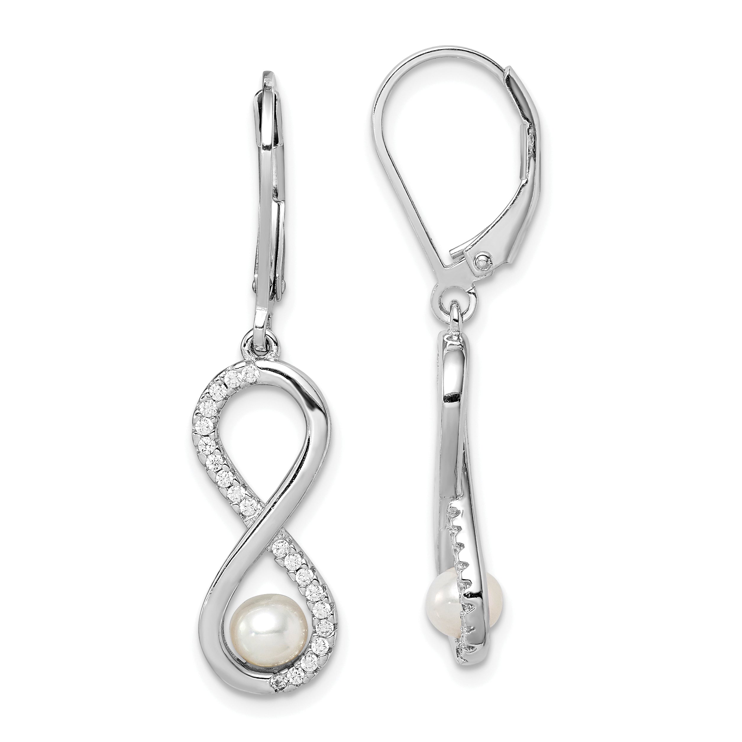 Sterling Silver Rhodium-plated 4-5mm White Freshwater Cultured Pearl and CZ Infinity Dangle Leverback Earrings