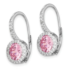 Sterling Silver RH-plated Polished Pink & White CZ Halo Leverback Earrings