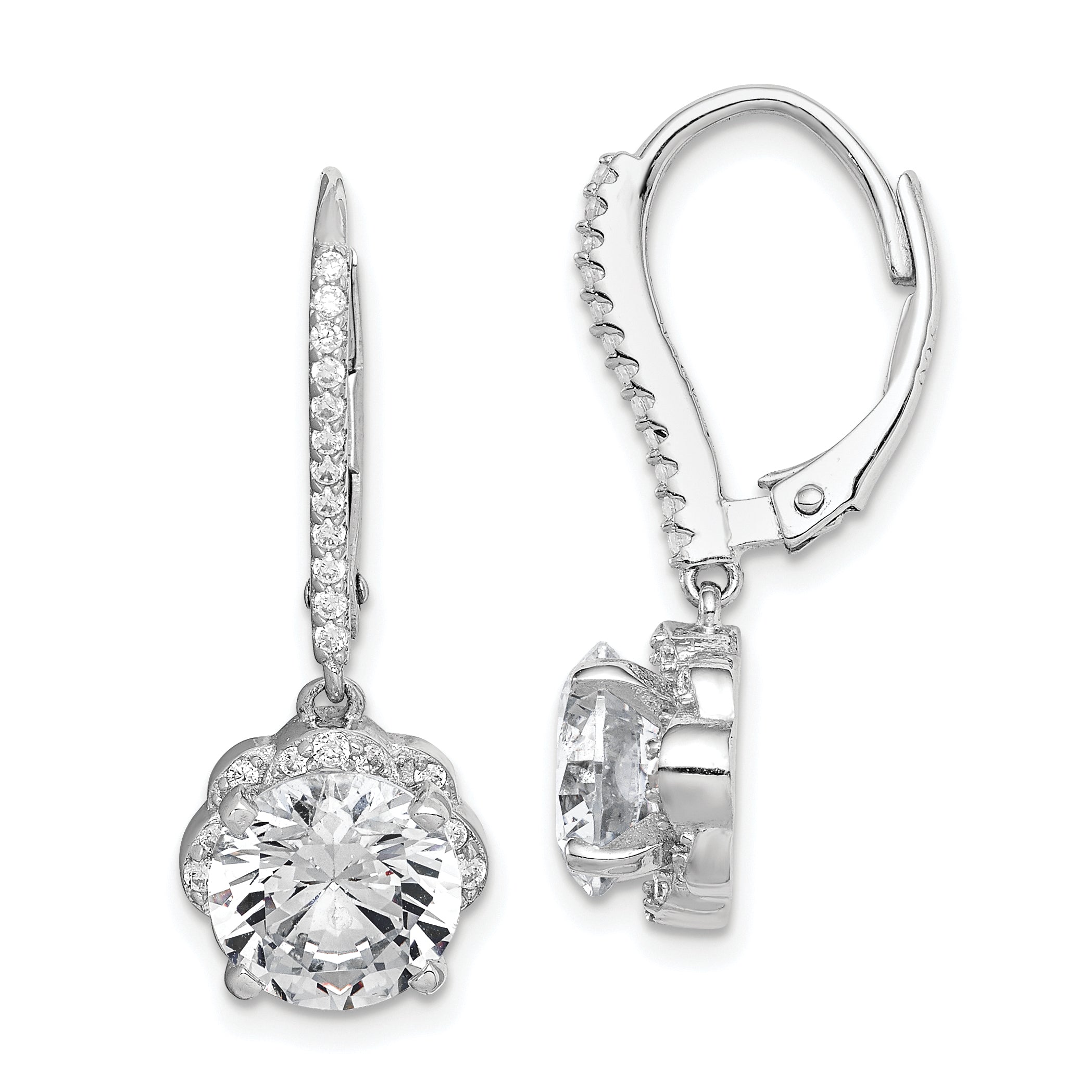 Sterling Silver Rhodium-plated Polished CZ Flower Leverback Earrings