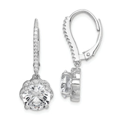 Sterling Silver Rhodium-plated Polished CZ Flower Leverback Earrings