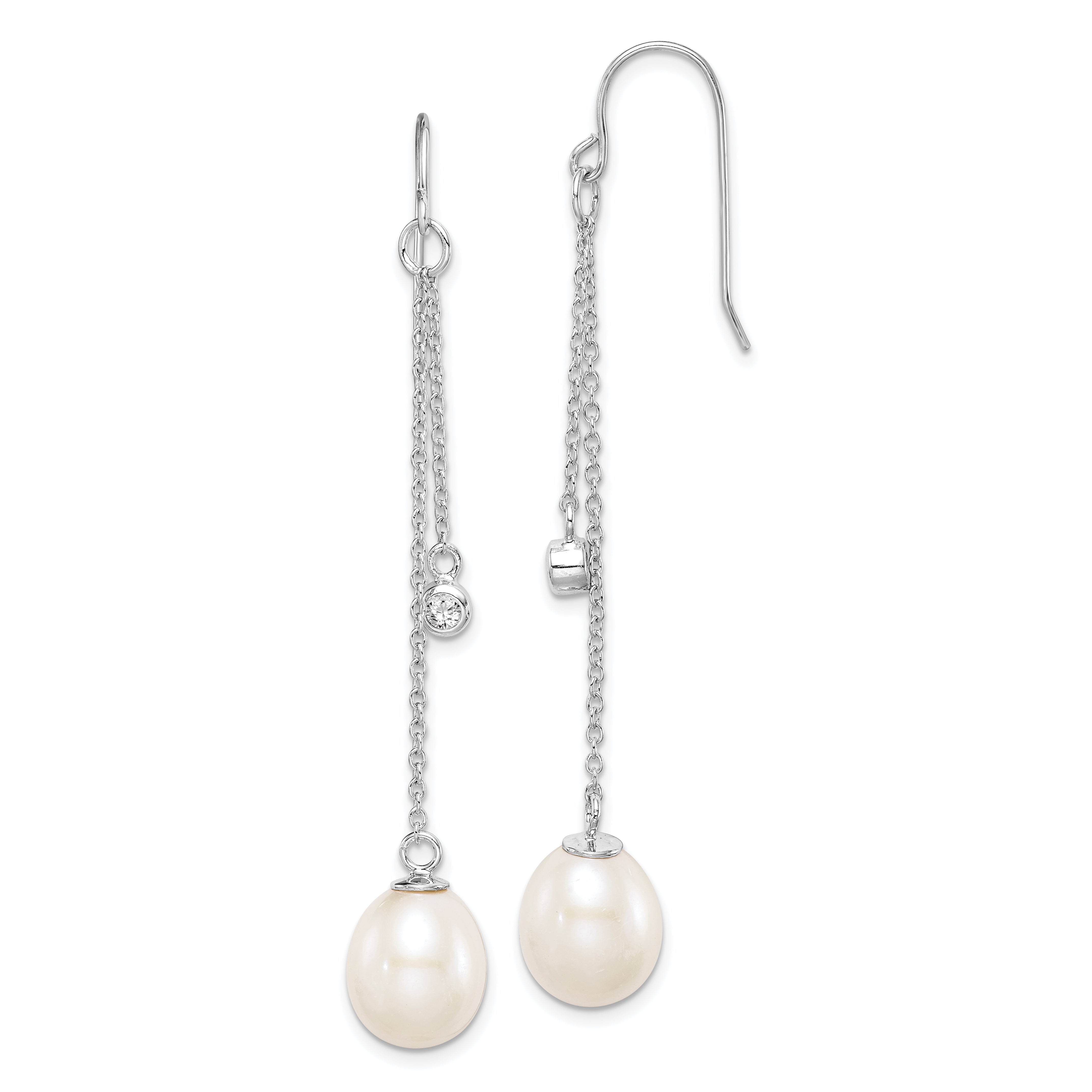 Sterling Silver Rhodium-plated 9-10mm White Teardrop Freshwater Cultured Pearl and CZ Dangle Earrings
