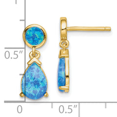 Sterling Silver Gold-tone Created Blue Opal Teardrop Post Dangle Earrings