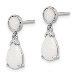 Sterling Silver Rhod-plated Created Opal Teardrop Post Dangle Earrings