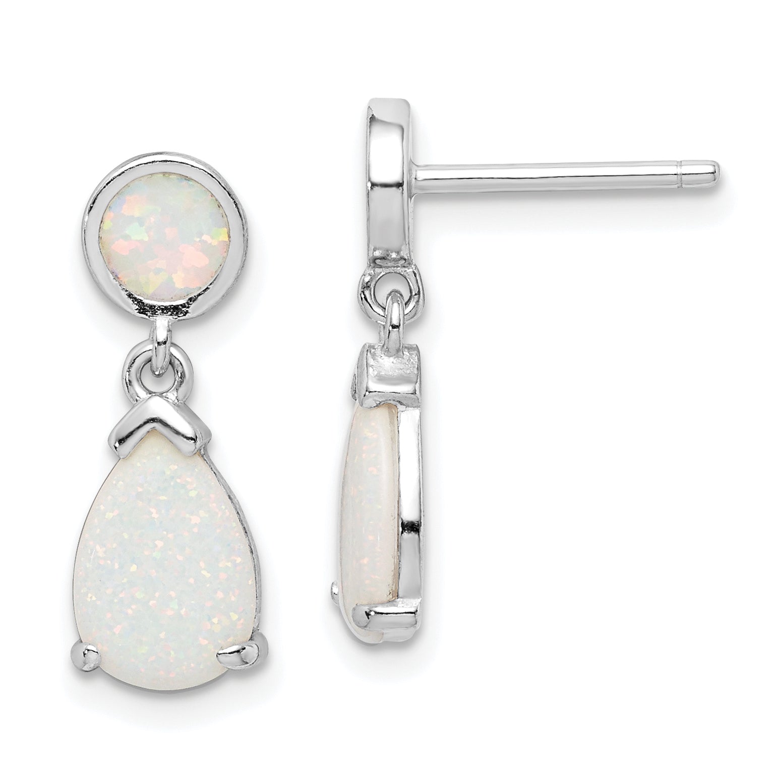 Sterling Silver Rhod-plated Created Opal Teardrop Post Dangle Earrings