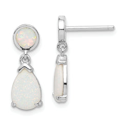 Sterling Silver Rhod-plated Created Opal Teardrop Post Dangle Earrings
