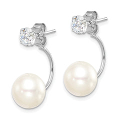 Sterling Silver Rhodium-plated 9-10mm White Button Freshwater Cultured Pearl and CZ Front and Back Post Dangle Earrings