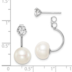 Sterling Silver Rhodium-plated 9-10mm White Button Freshwater Cultured Pearl and CZ Front and Back Post Dangle Earrings