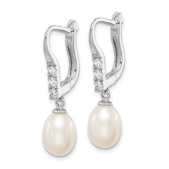 Sterling Silver Rhodium-plated 7-8mm Rice FWC Pearl CZ Dangle Earrings